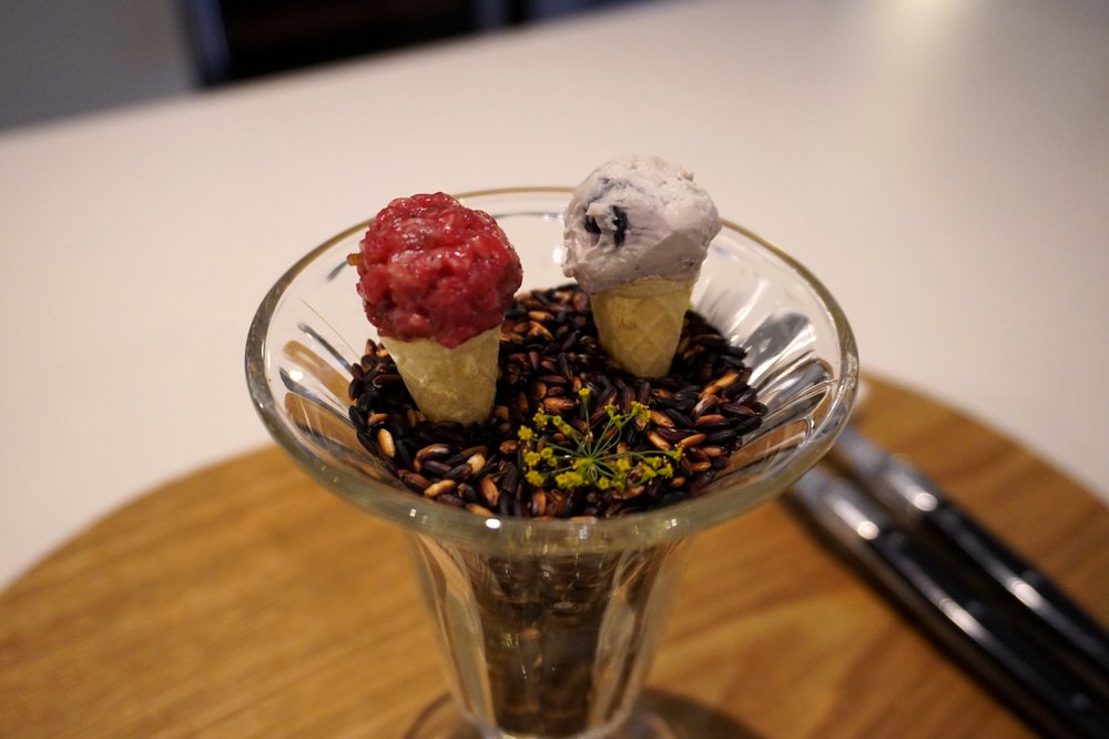Beef tartare with black-soybean cheese