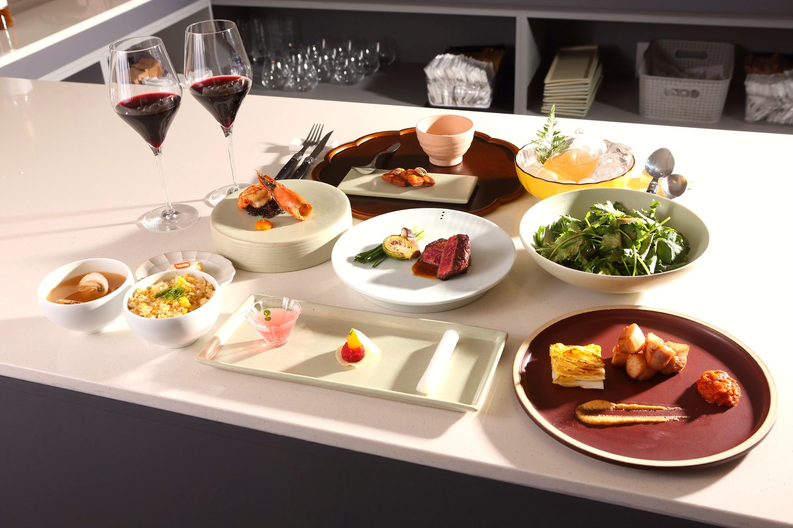 The full seven-course spread at MIZI, paired with wine